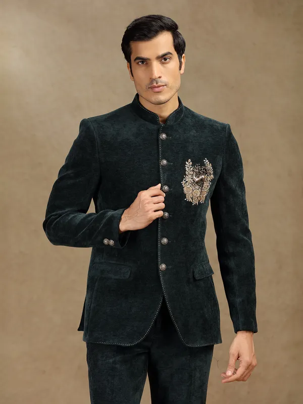 Green velvet jodhpuri suit for mens
