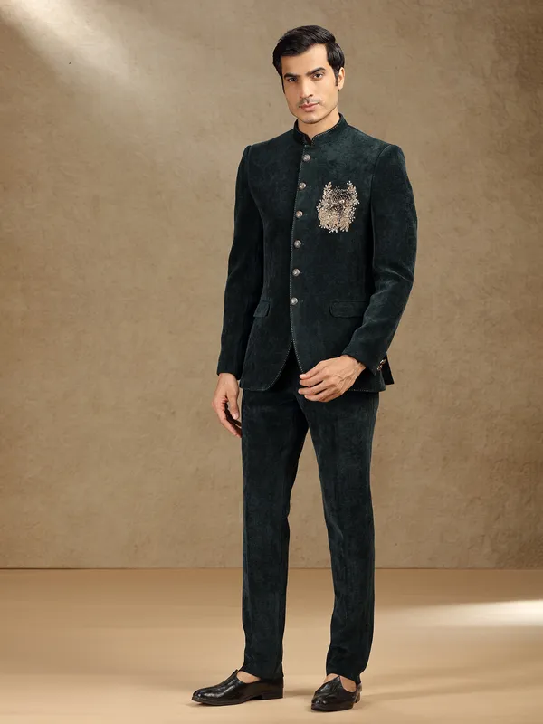 Green velvet jodhpuri suit for mens
