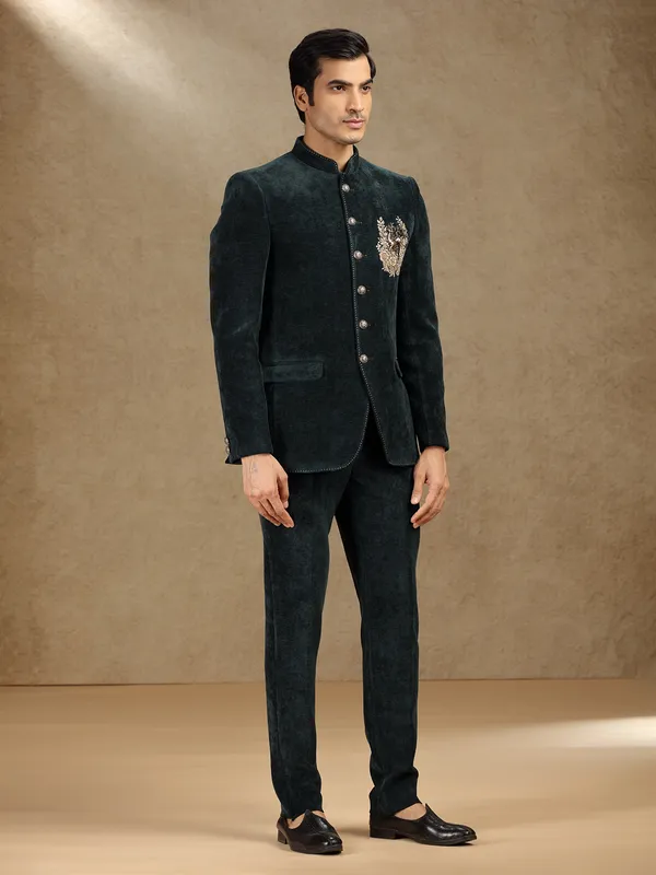Green velvet jodhpuri suit for mens