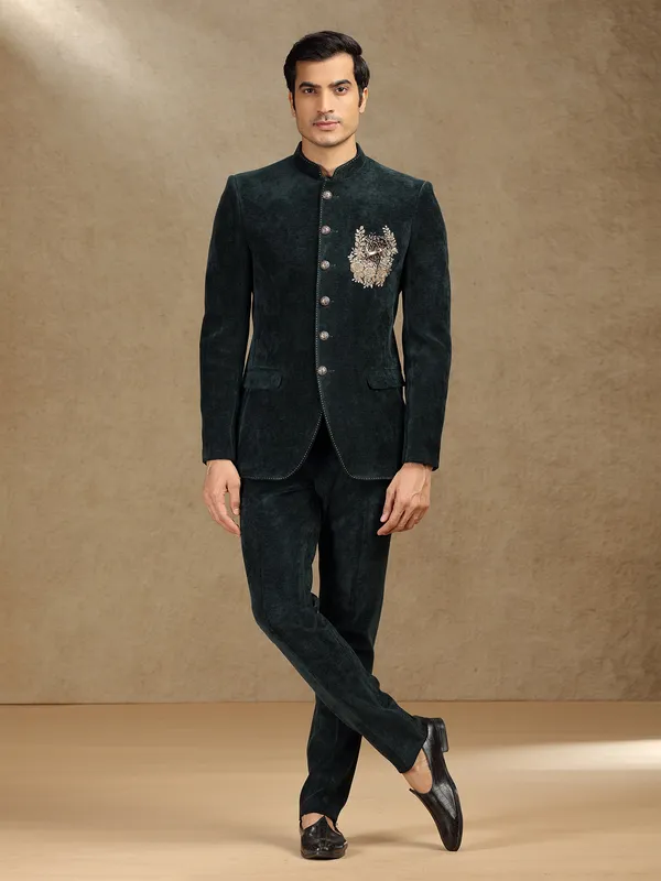 Green velvet jodhpuri suit for mens