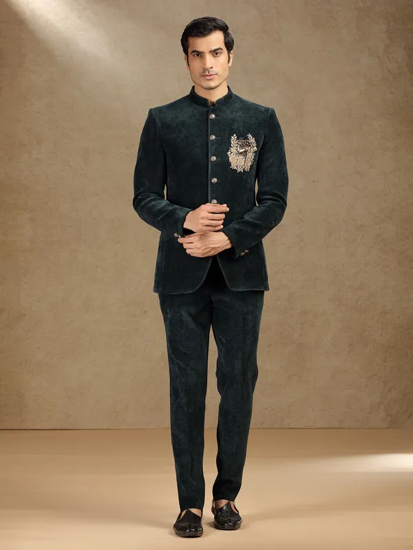 Green velvet jodhpuri suit for mens