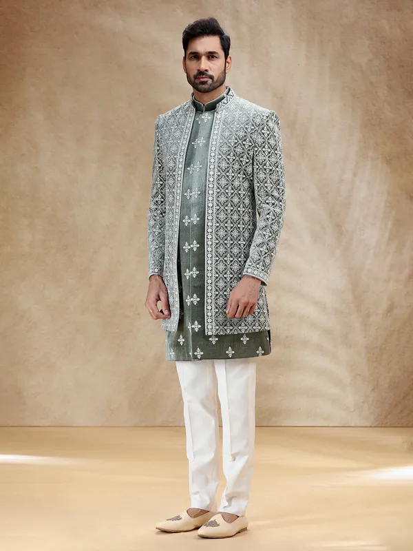 Green velvet men indowestrn set with embroidery