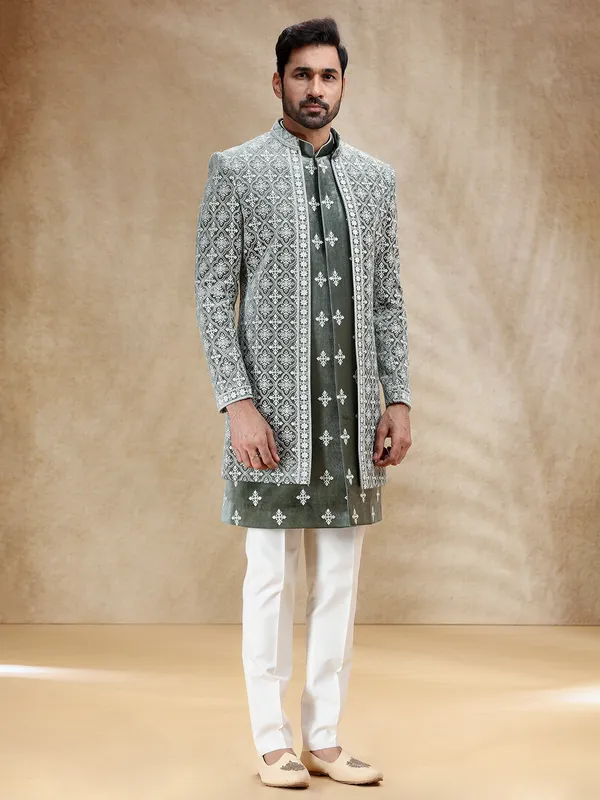 Green velvet men indowestrn set with embroidery