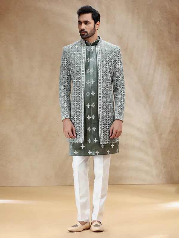 Green velvet men indowestrn set with embroidery
