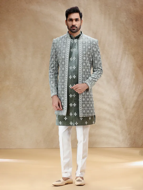 Green velvet men indowestrn set with embroidery