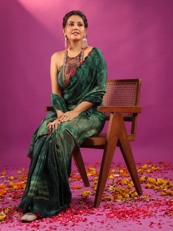 Green vibrant cruss tussar silk saree with ready made blouse