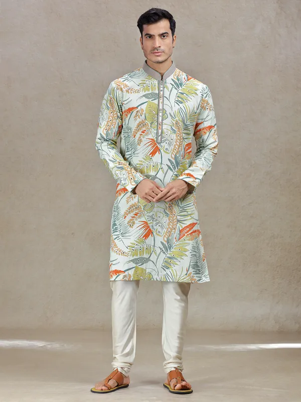 Green vibrant elegance printed kurta set for men