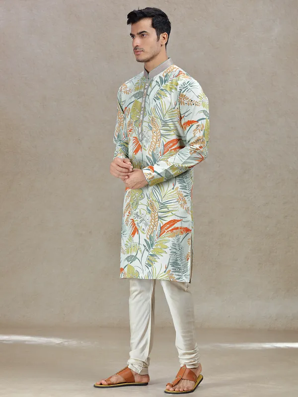 Green vibrant elegance printed kurta set for men
