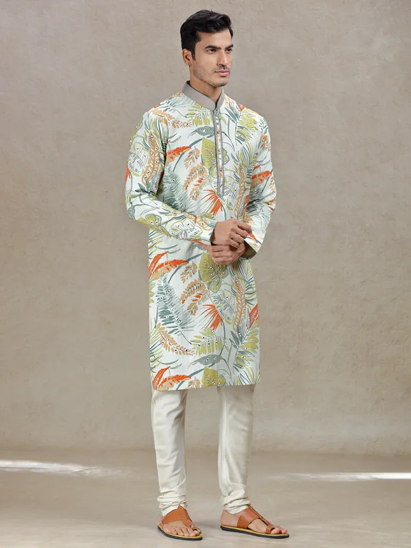 Green vibrant elegance printed kurta set for men