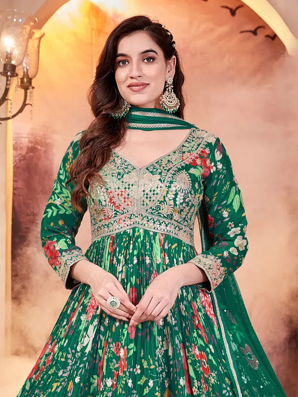 Green wedding wear printed anarkali suit