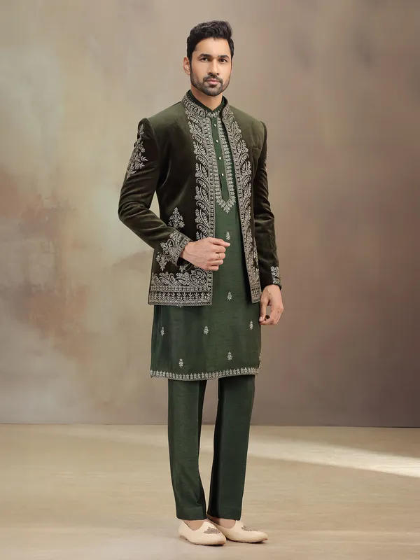 Green wedding wear velvet indowestern for men