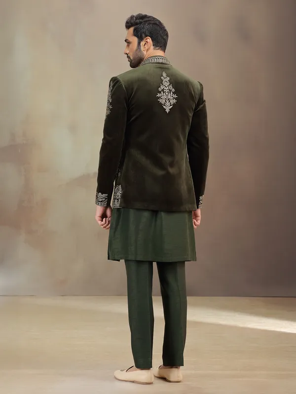 Green wedding wear velvet indowestern for men