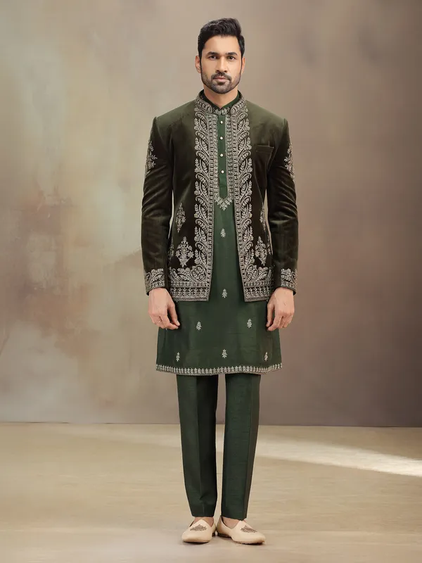 Green wedding wear velvet indowestern for men