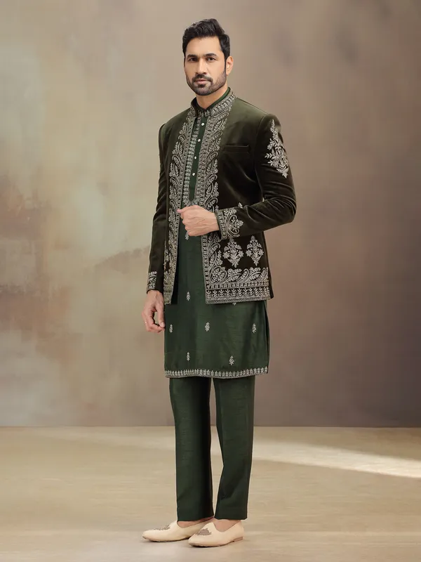 Green wedding wear velvet indowestern for men