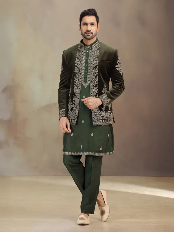 Green wedding wear velvet indowestern for men