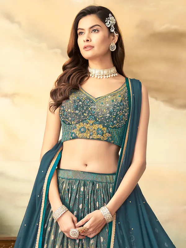 Green zari worked lehenga choli in silk