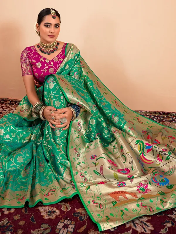 Green zari worked paithani silk saree