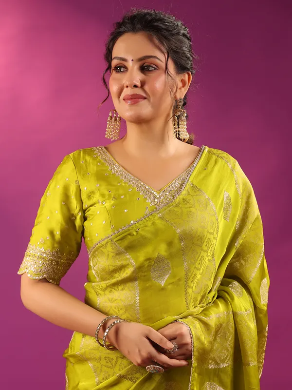 Green zari worked silk saree for mehendi celebration