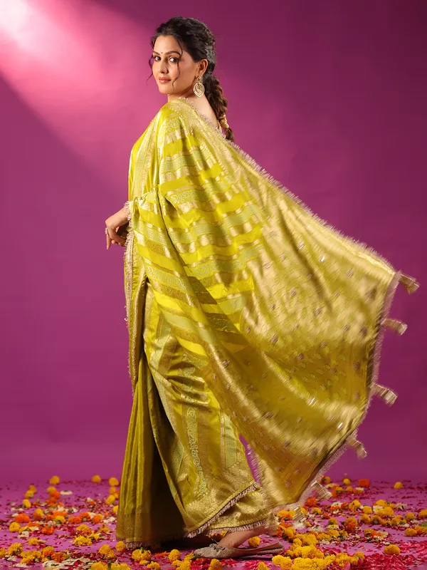 Green zari worked silk saree for wedding wear