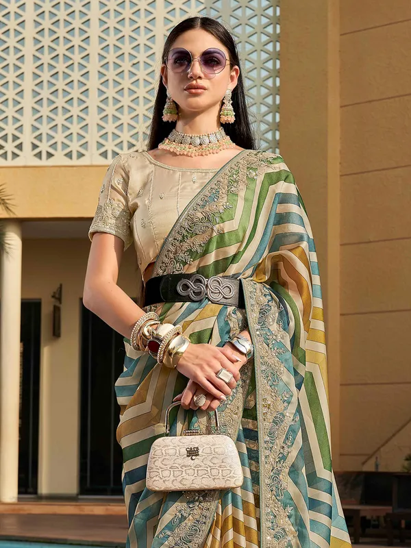 Green zig zag pattern semi organza saree