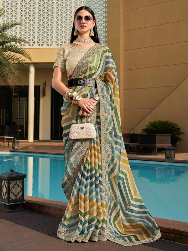 Green zig zag pattern semi organza saree