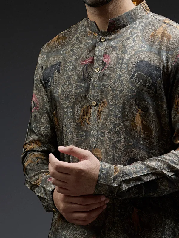 Grey ajarakh printed silk kurta suit for men