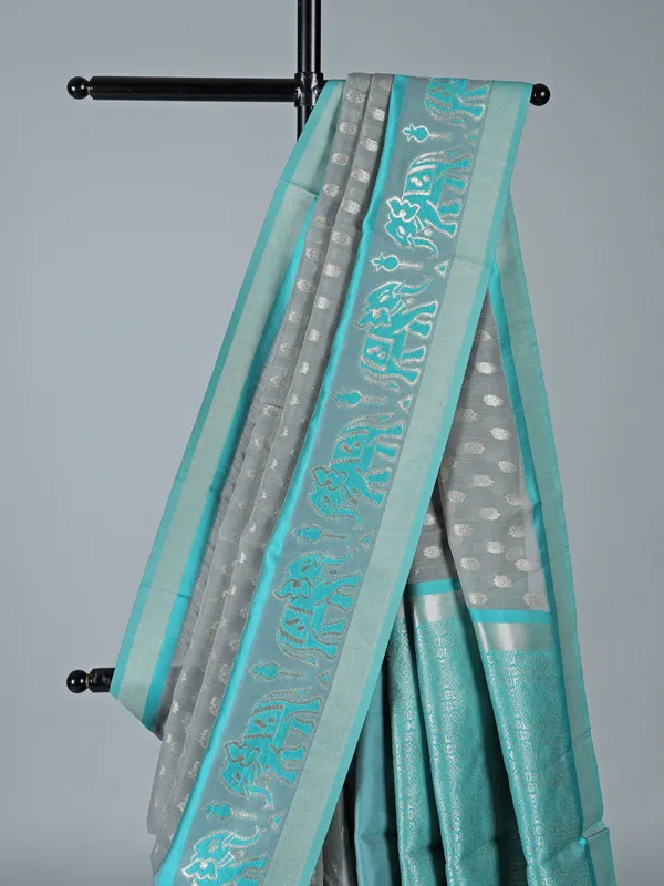 Grey and aqua semi cotton silk saree