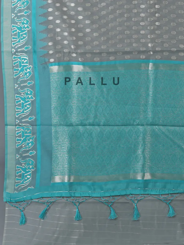 Grey and aqua semi cotton silk saree