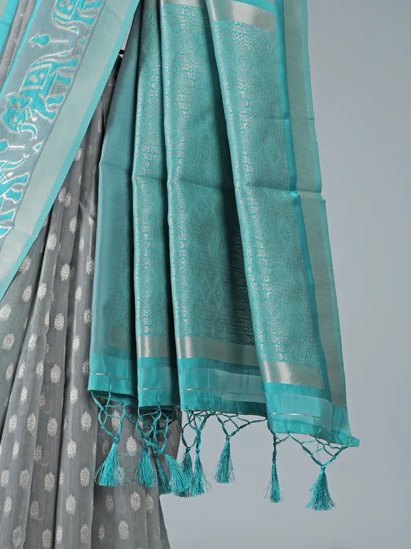 Grey and aqua semi cotton silk saree