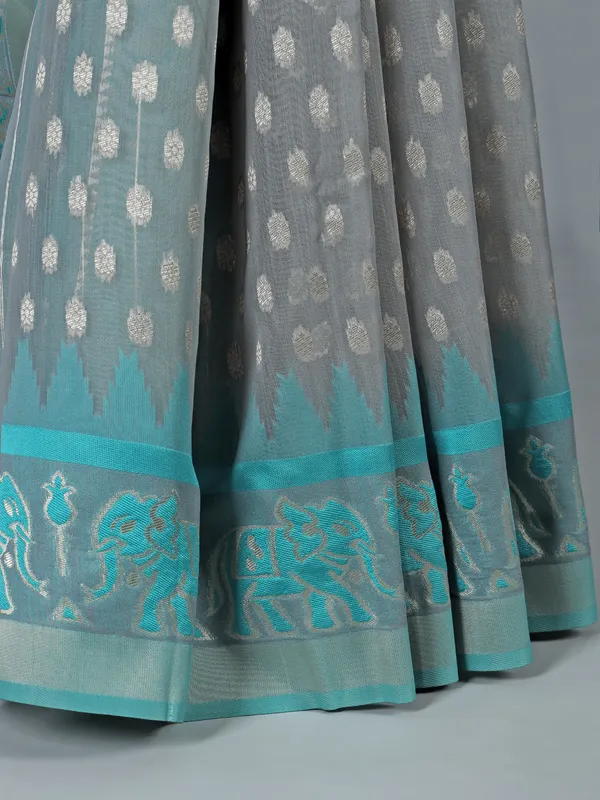 Grey and aqua semi cotton silk saree