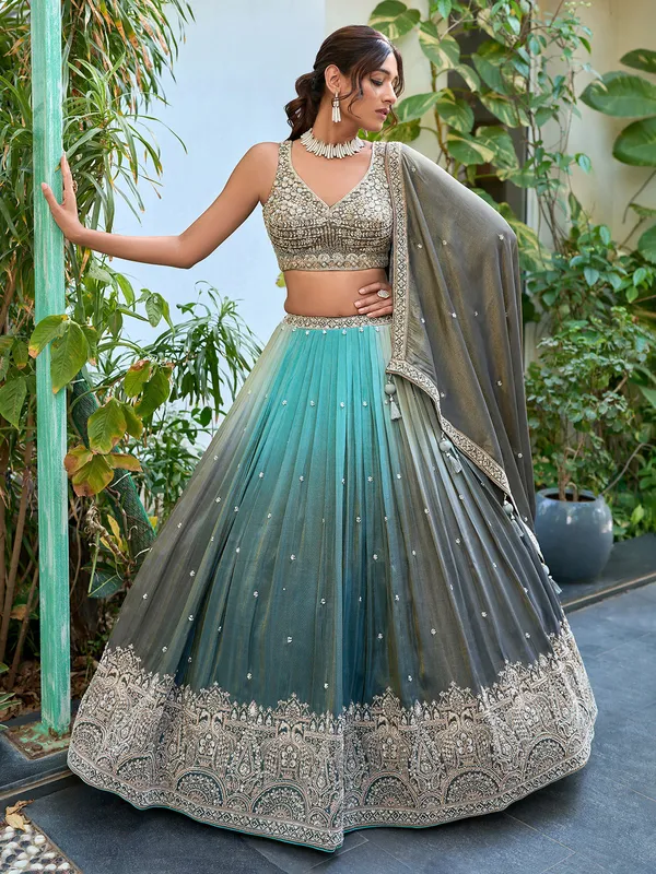 Grey and aqua shaded lehenga choli in silk