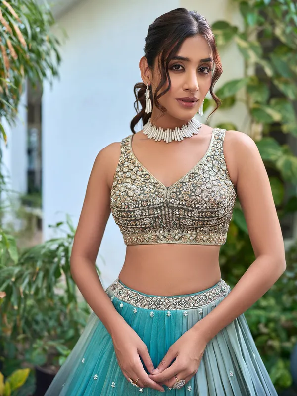 Grey and aqua shaded lehenga choli in silk