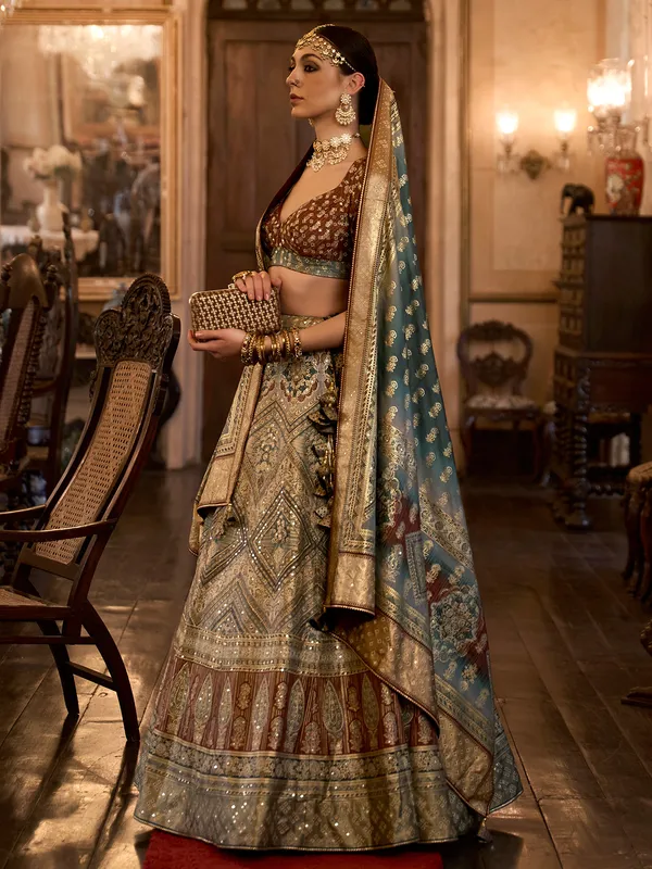 Grey and brown silk printed lehenga choli