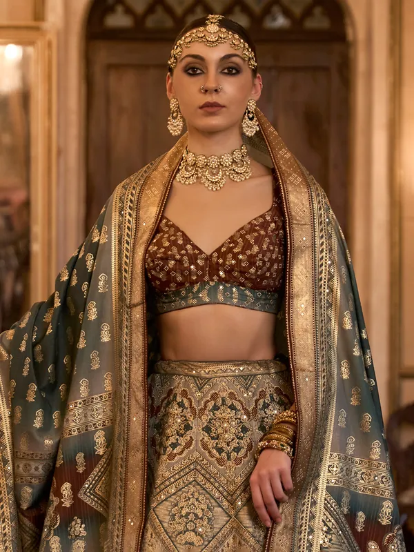 Grey and brown silk printed lehenga choli