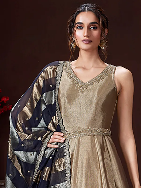 Grey and gold silk anarkali suit with black dupatta