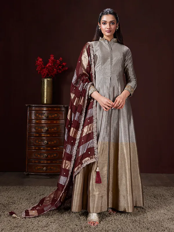 Grey and gold silk anarkali suit with maroon dupatta