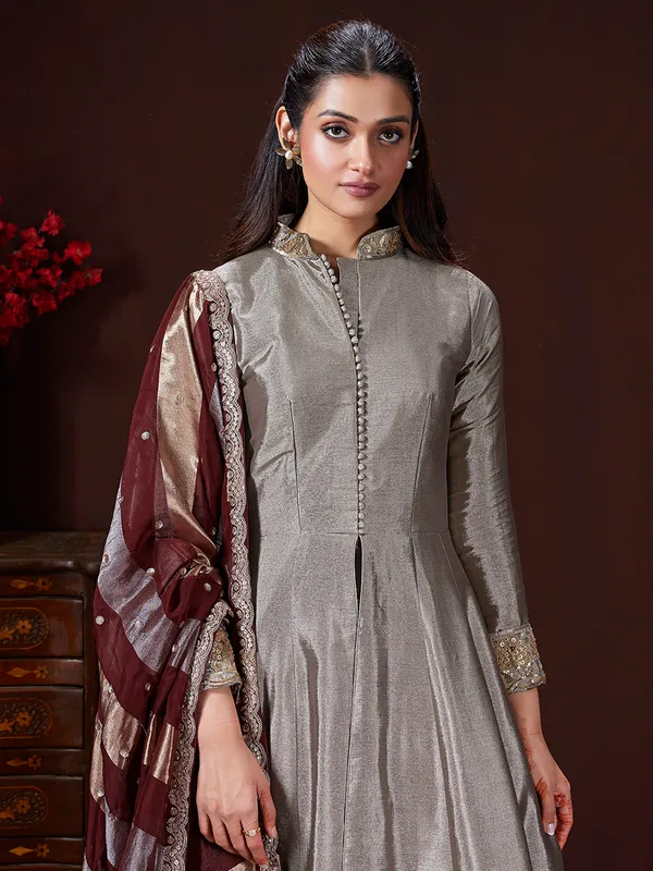 Grey and gold silk anarkali suit with maroon dupatta