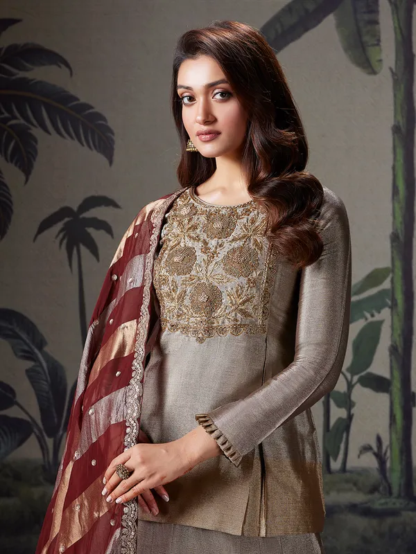 Grey and gold silk lehenga choli for women