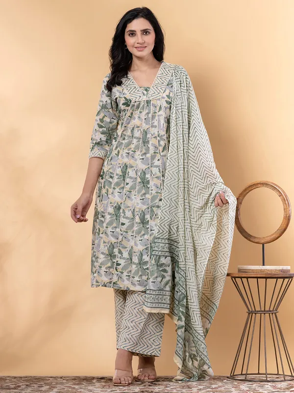 Grey and green cotton kurti set with dupatta