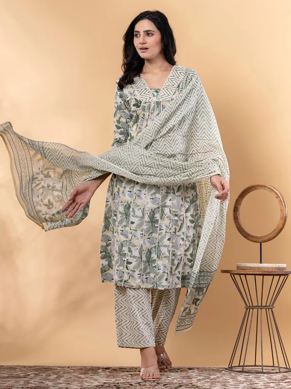 Grey and green cotton kurti set with dupatta