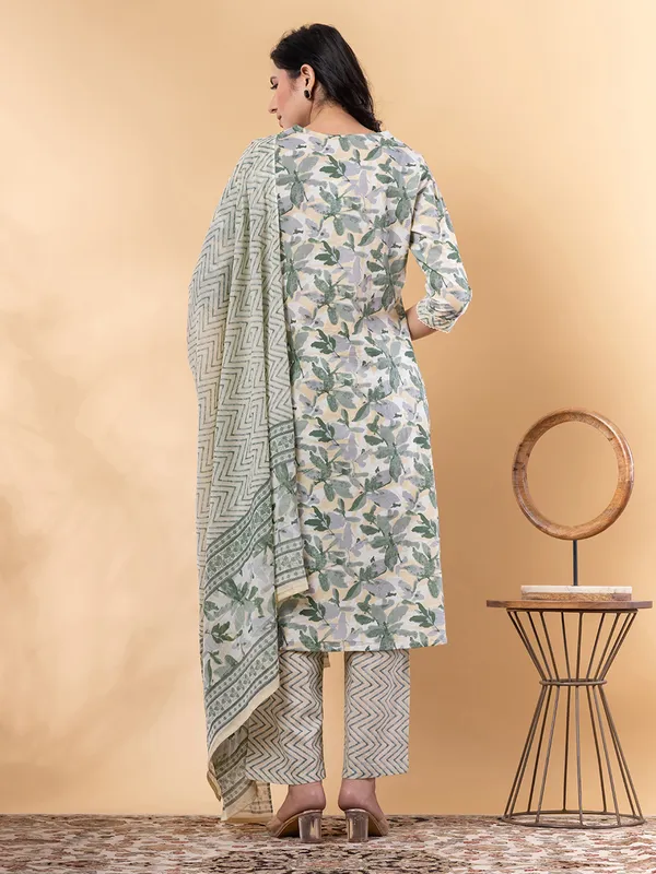 Grey and green cotton kurti set with dupatta