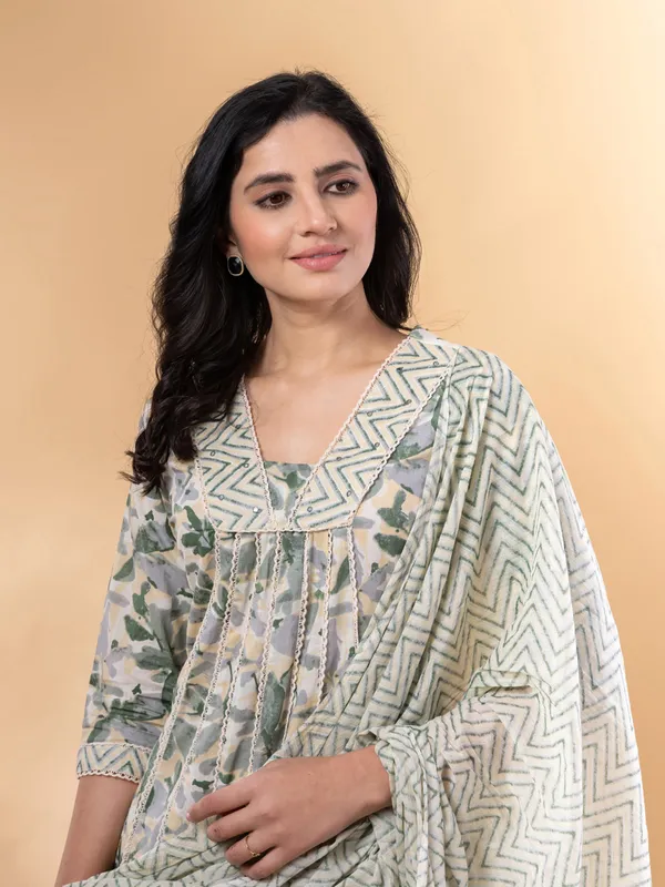 Grey and green cotton kurti set with dupatta