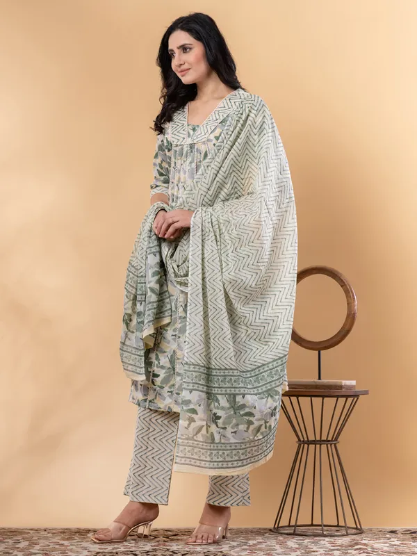 Grey and green cotton kurti set with dupatta