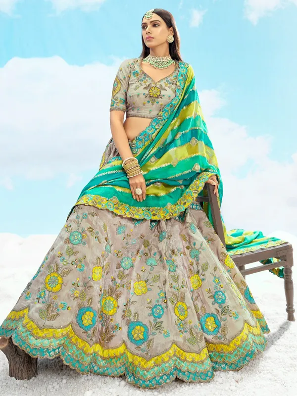 Grey and green silk unstitched lehenga choli