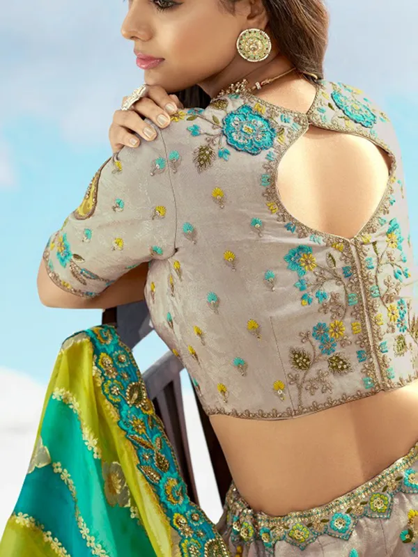 Grey and green silk unstitched lehenga choli