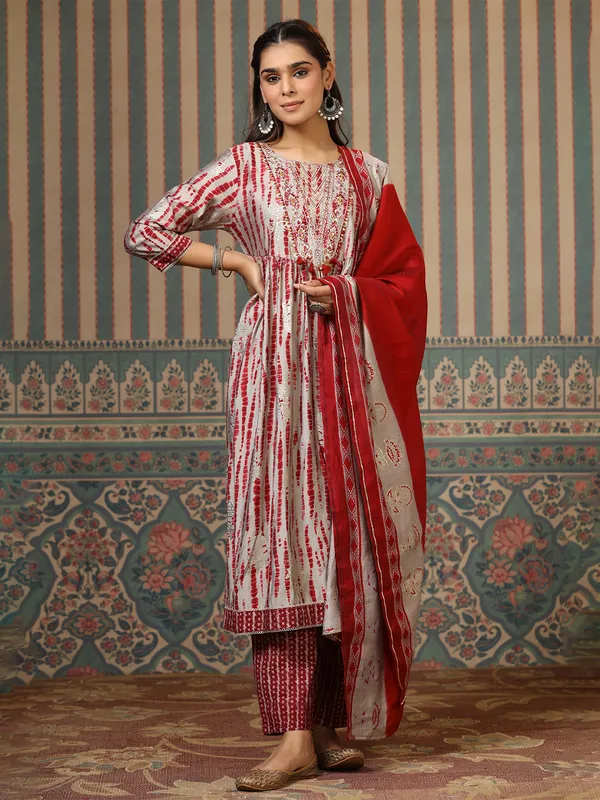 Grey and maroon shibori printed cotton kurti set