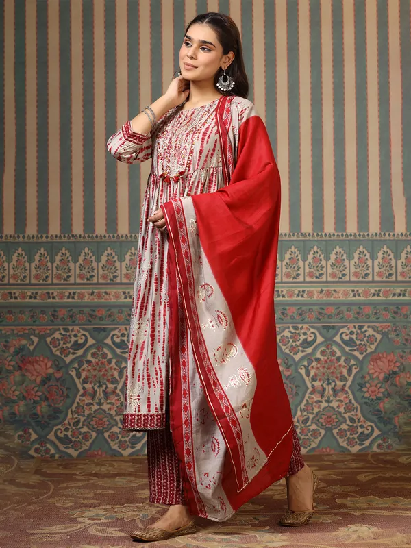 Grey and maroon shibori printed cotton kurti set