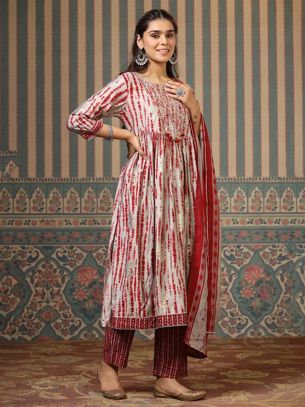 Grey and maroon shibori printed cotton kurti set