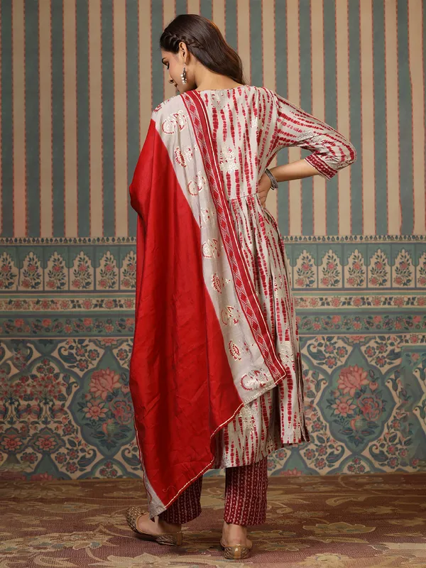 Grey and maroon shibori printed cotton kurti set