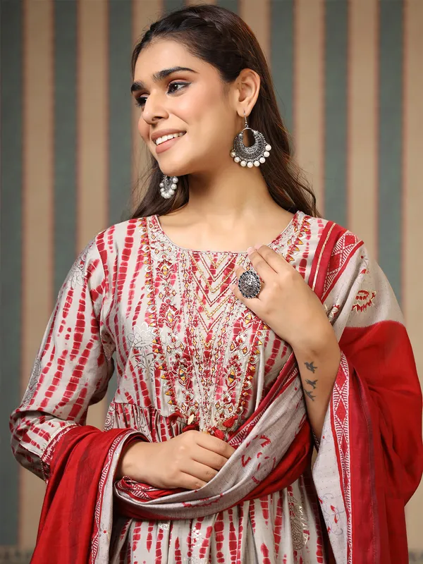 Grey and maroon shibori printed cotton kurti set
